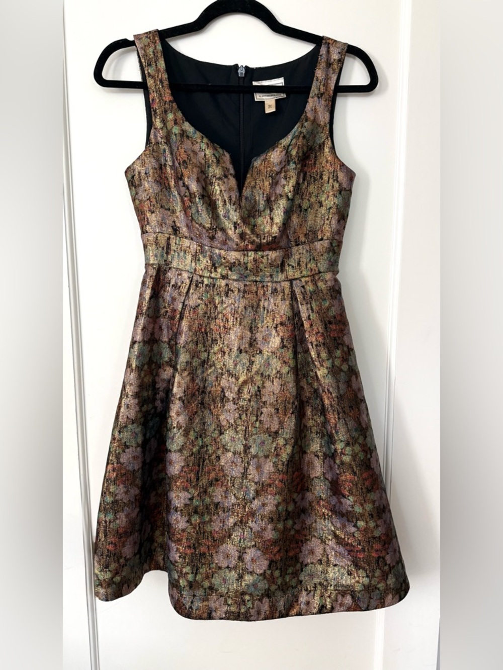 Anthropologie Gold Multicolor Brocade Fit-and-Flare Dress